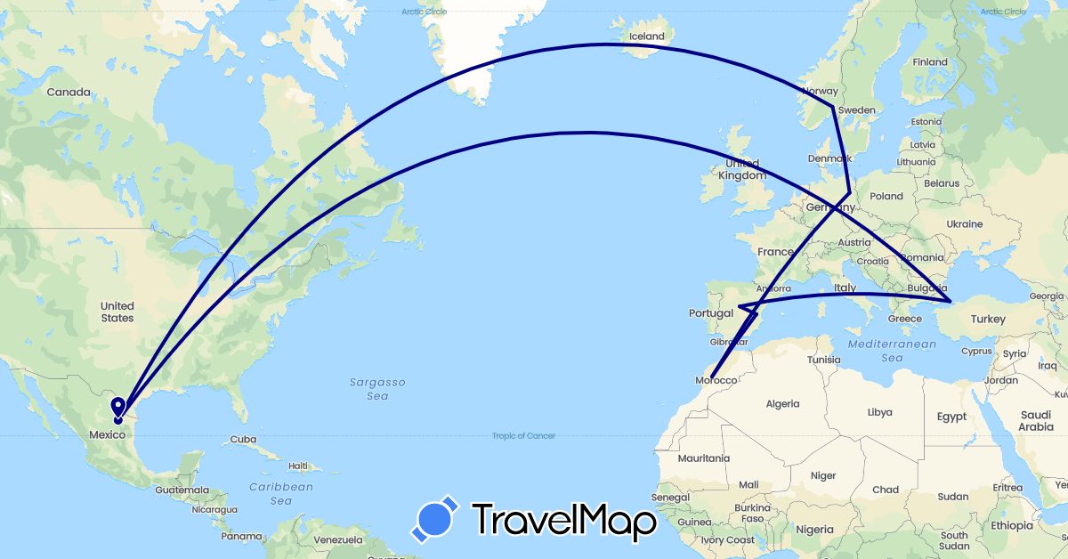 TravelMap itinerary: driving in Germany, Denmark, Spain, Morocco, Mexico, Norway, Turkey (Africa, Asia, Europe, North America)